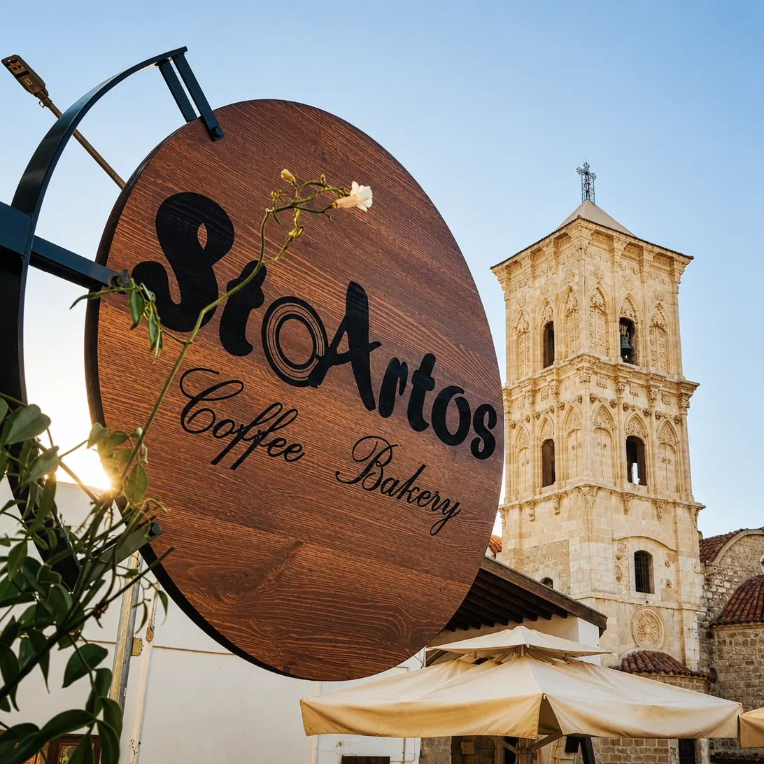 The wooden StoArtos Coffee Bakery sign hanging outside, with the bell tower of the Church of Saint Lazarus behind it