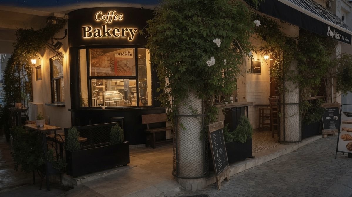 StoArtos Coffee Bakery storefront at night, warmly lit on St. Lazarus Square in Larnaca