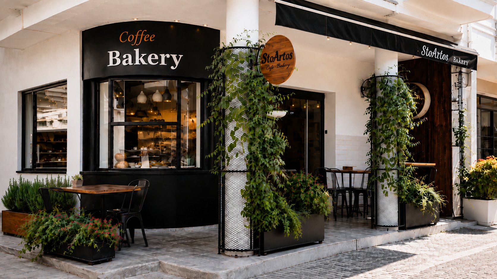 StoArtos Coffee Bakery storefront with outdoor seating and greenery on St. Lazarus Square in Larnaca